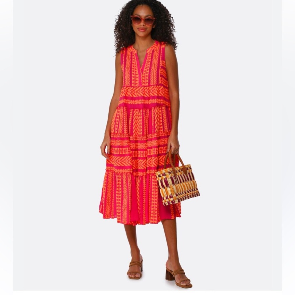 Mlle Gabrielle Sleeveless Pink & Orange Geometric Midi Dress